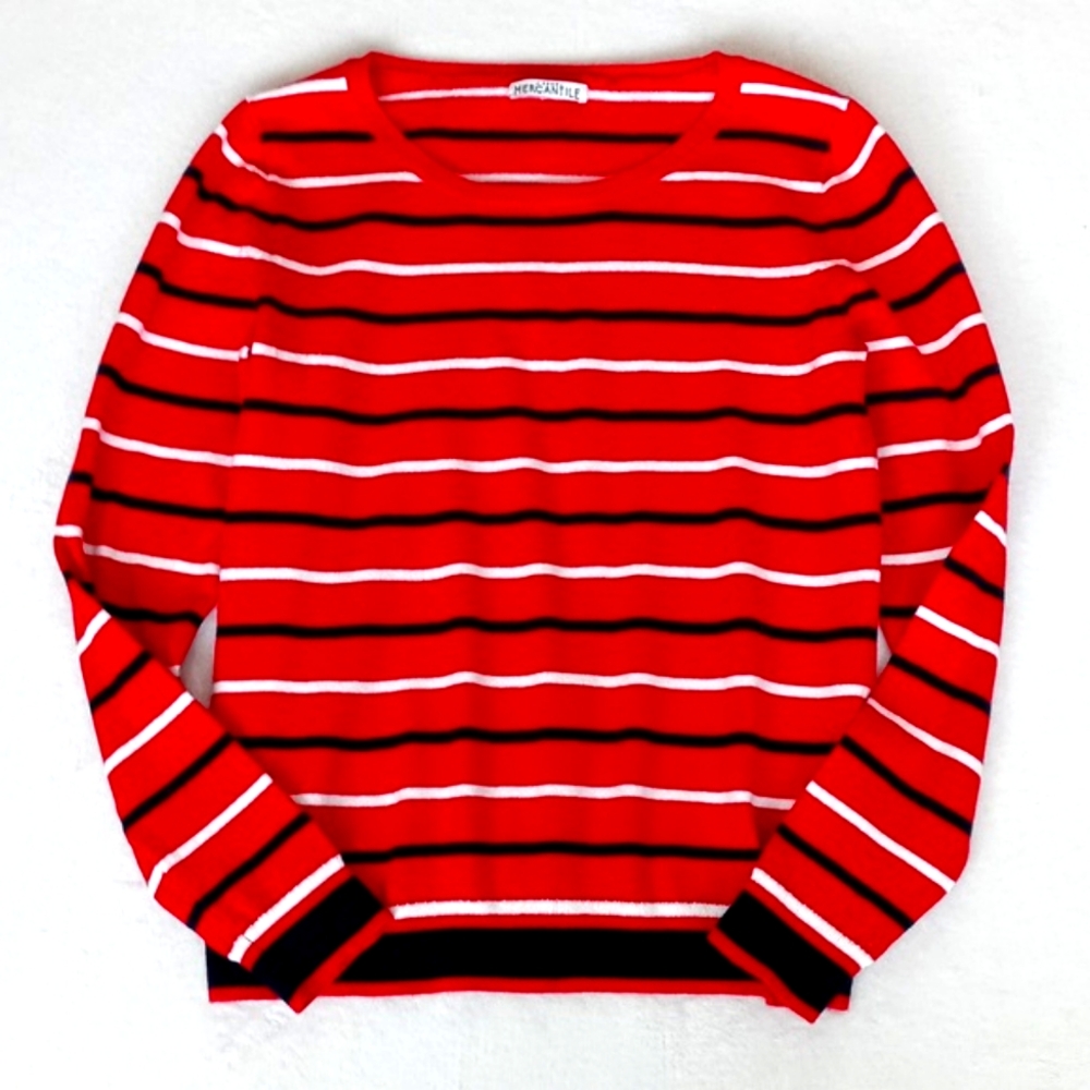 J Crew Women’s Crewneck Red Black Striped Long Sleeve Cotton Sweater Size S